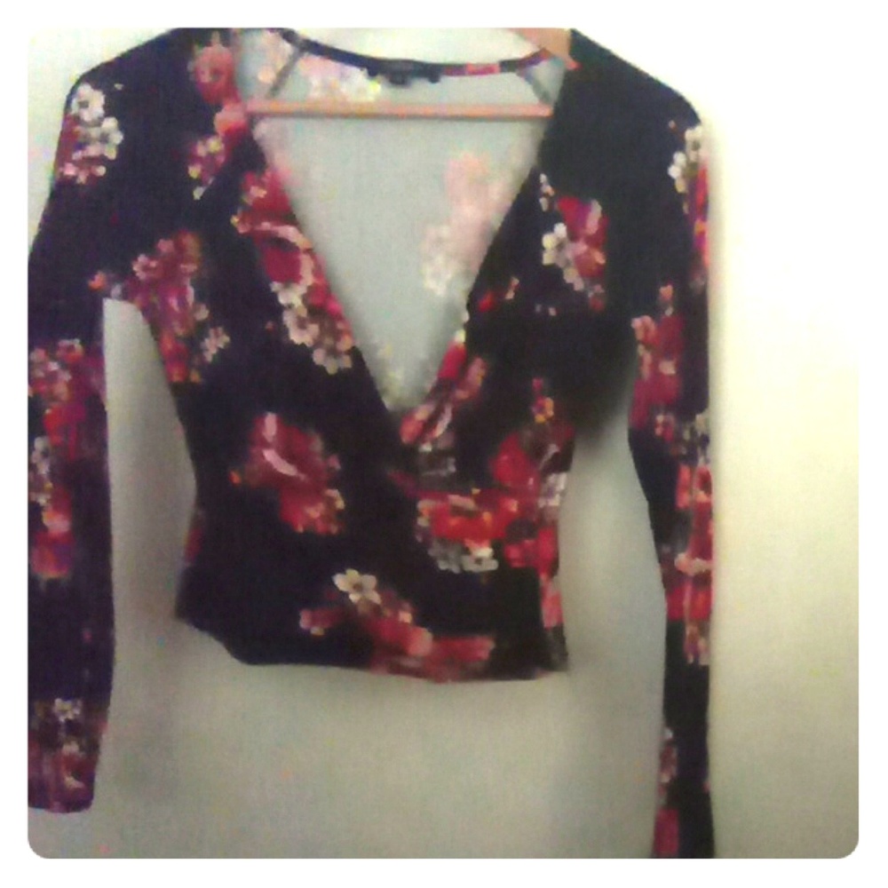 Red Rose Midriff Velvet Long Sleeve Top